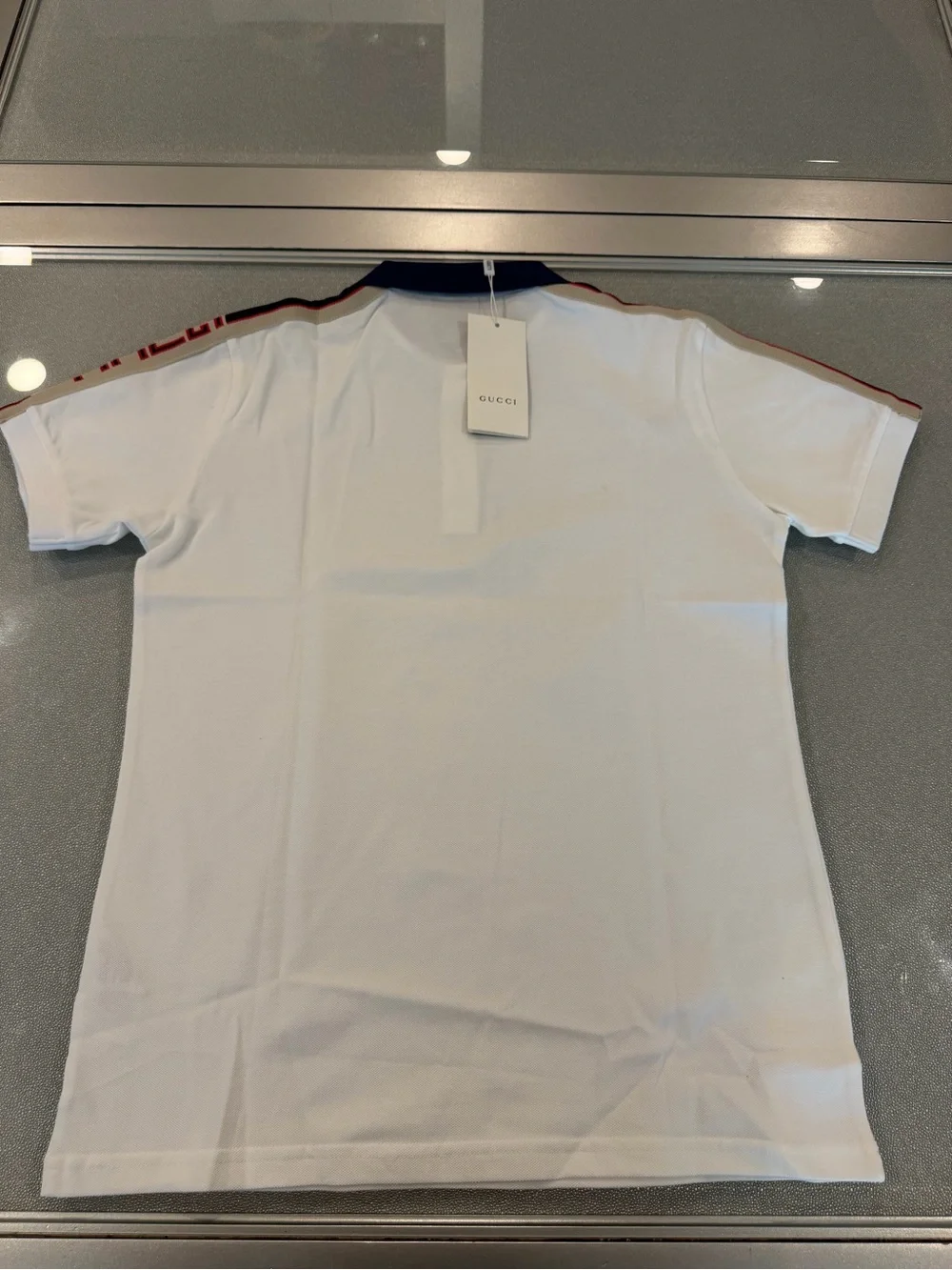 Gucci White Polo with Navy Collar and Red-Navy Shoulder Stripes